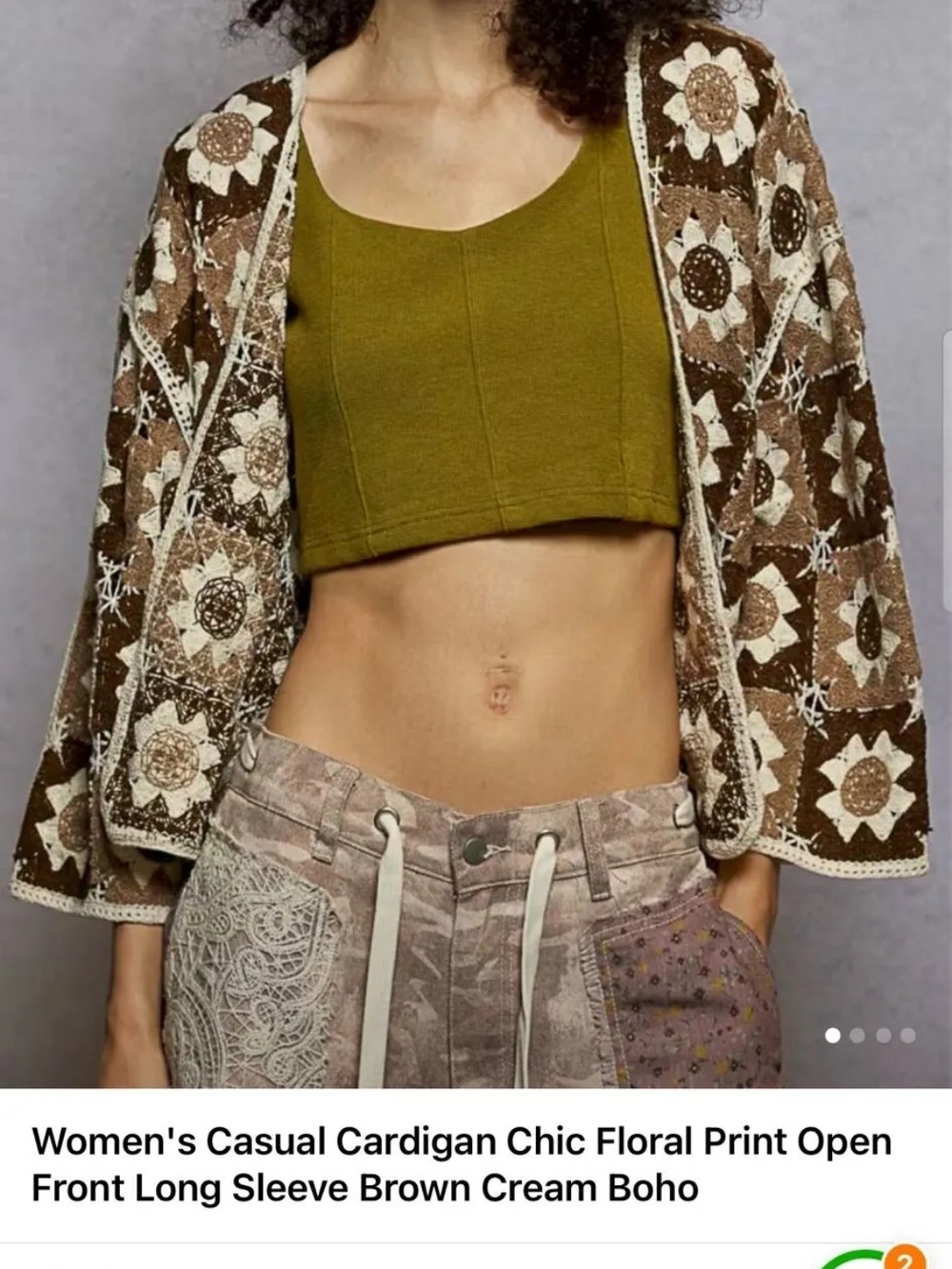 POL Brown & Cream Floral Crochet Granny Square  Open-Front Cardigan One Size